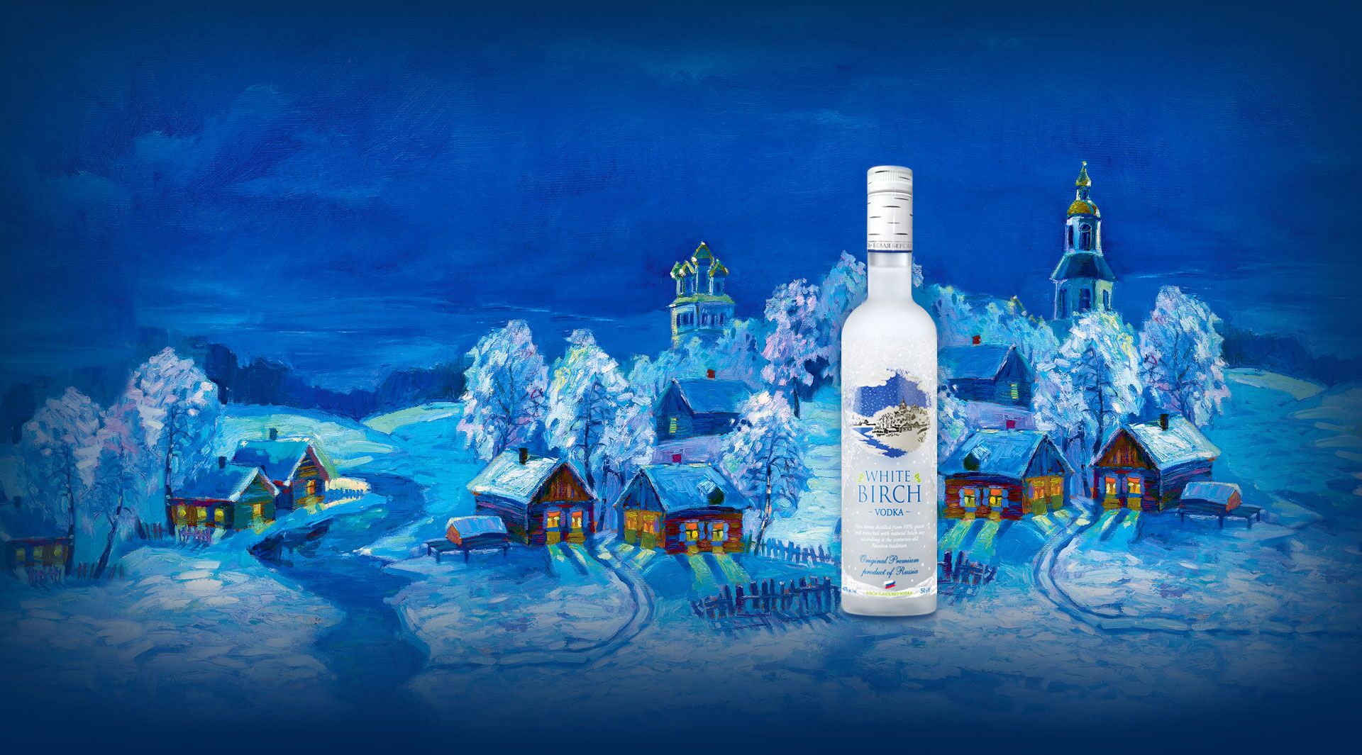 A bottle of White Birch vodka in a painted snowy village at night
